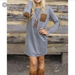 Grey T-shirt dress with suede elbow patches